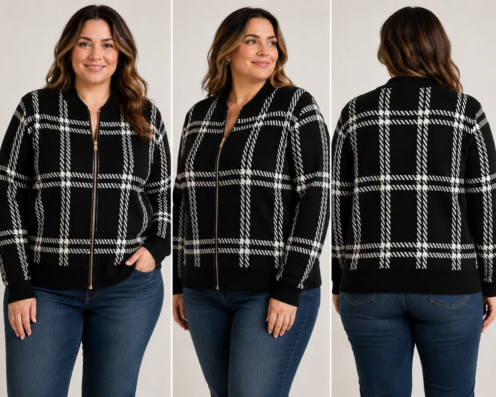 Sienna & Sage Black & White Plaid Zip-Up Sweater – Women’s XL